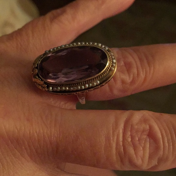 14 kt. ANTIQUE Amethyst w/seed pearls ring - Picture 5 of 13